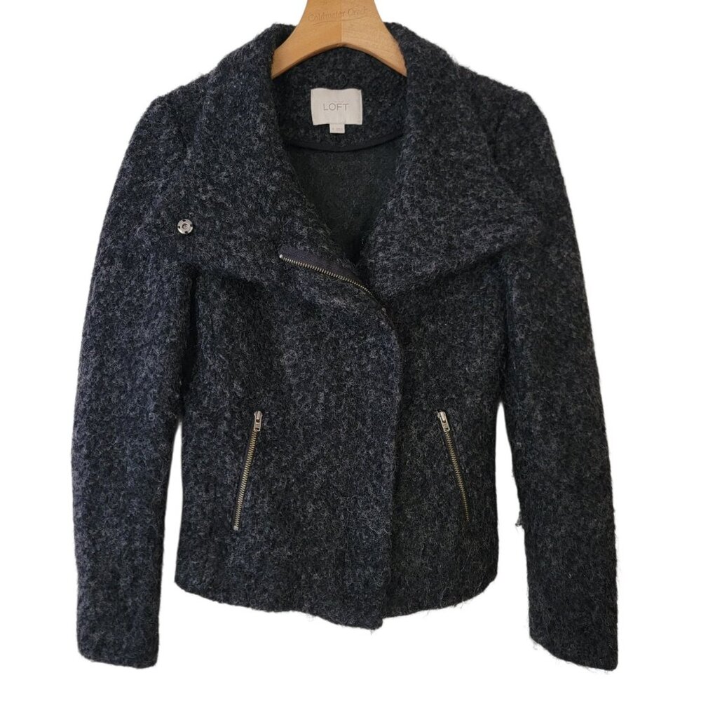 Loft Full Zip Moto Jacket‎ Black Wool Blend Women's Size 0 Classic Moto